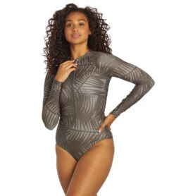 Sporti X Stef Corgel Manhattan Beach Palm Shadow Zip Front Long-Sleeve One Piece Swimsuit -Speedo Store 7360963903656 blacksand 4a
