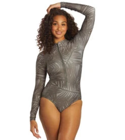 Sporti X Stef Corgel Manhattan Beach Palm Shadow Zip Front Long-Sleeve One Piece Swimsuit -Speedo Store 7360963903656 blacksand 5a