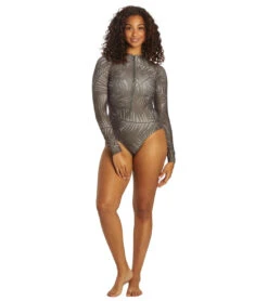 Sporti X Stef Corgel Manhattan Beach Palm Shadow Zip Front Long-Sleeve One Piece Swimsuit -Speedo Store 7360963903656 blacksand 8a